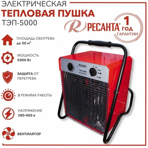Тепловые пушки Ресанта ТЭП-5000 67/1/3 Тепловая электрическая пушка { квадратная, 380В, вентилятор/2500/5000 Вт, 6,9 кг }